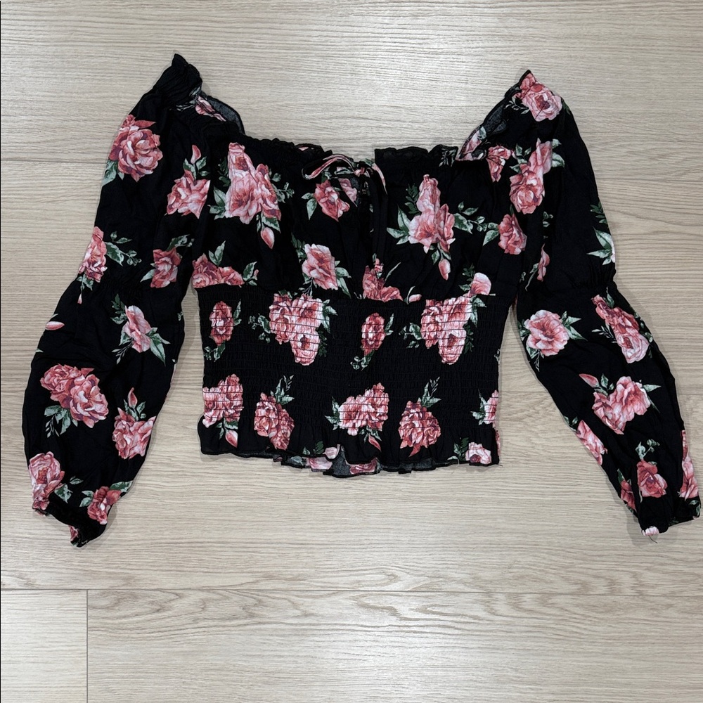 Almost Famous Black and Pink Floral Coquette Blouse